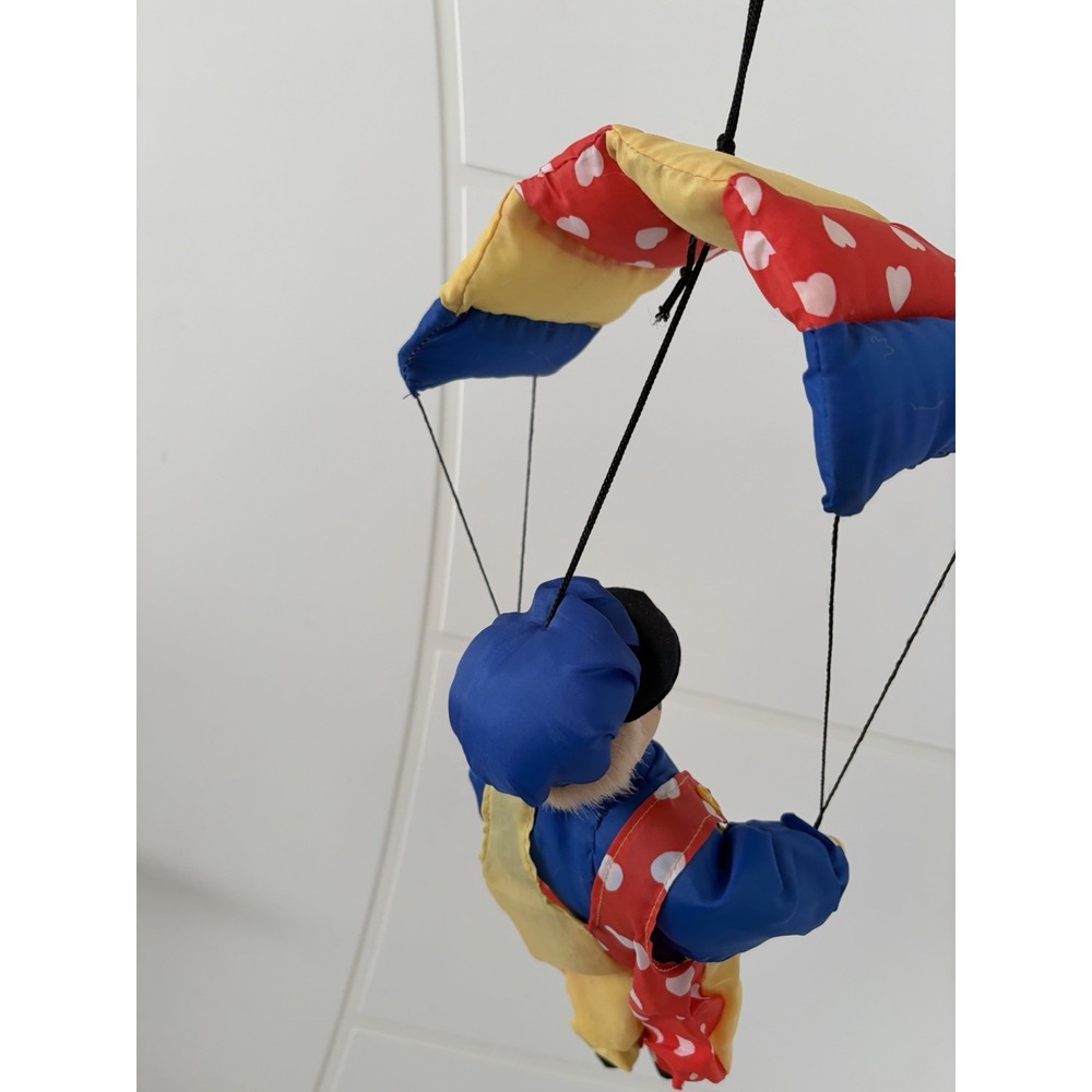 Vintage Happy Clown with Hanging Parachute Purple Yellow Red Heart Print Toy - Picture 7 of 9